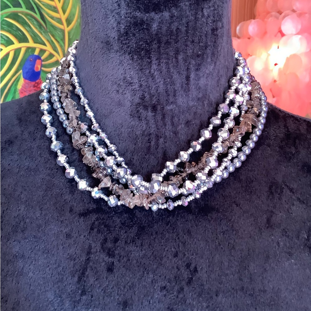 Gorgeous Multi Strand Beaded silver and Gray Necklace